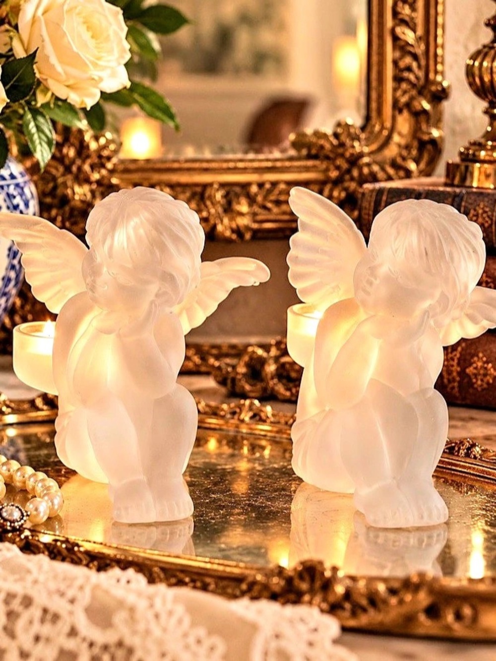 Vintage Frosted Glass Cherub Angel Candlestick Holders Pair